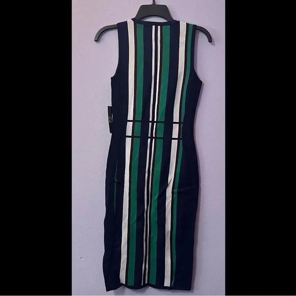 NY&Co Navy, Green, Burgundy & White Striped Midi Sheath Dress - Picture 3 of 5